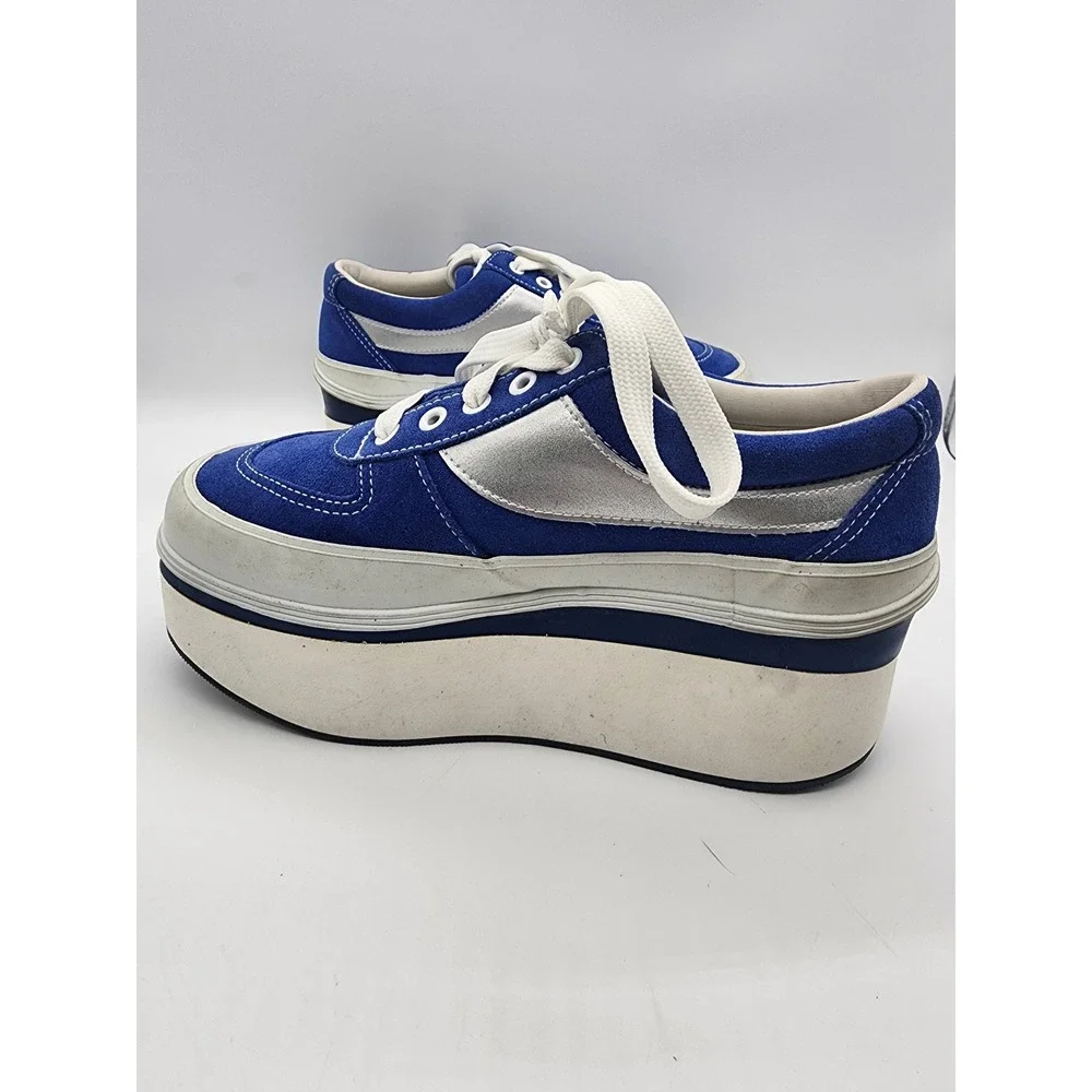 Blue Suede Platform Sneakers Metallic Silver Stripe Chunky Y2K SKWBS-U Size 9